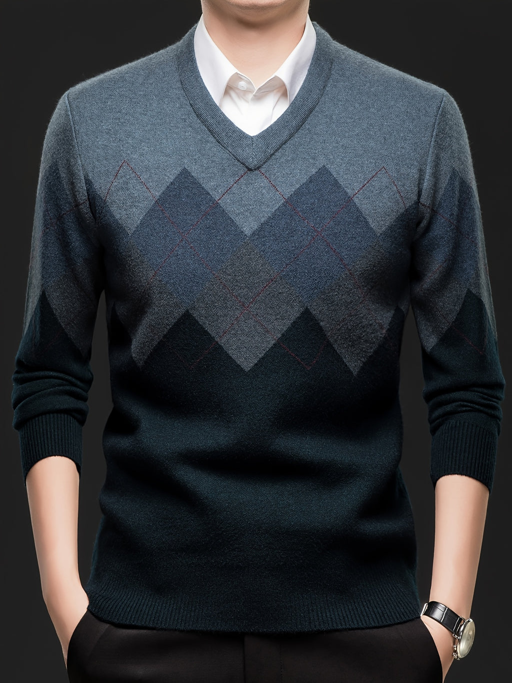 Men'S Classic V-Neck Sweater - Thick Warm Winter Knit Sweater with Geometric Pattern, Long Sleeve Regular Fit for Casual Business & Sports, Fall Winter Warmth, Sweater Vest, Business Casual Wear, Vneck Design, Durable Knitwea