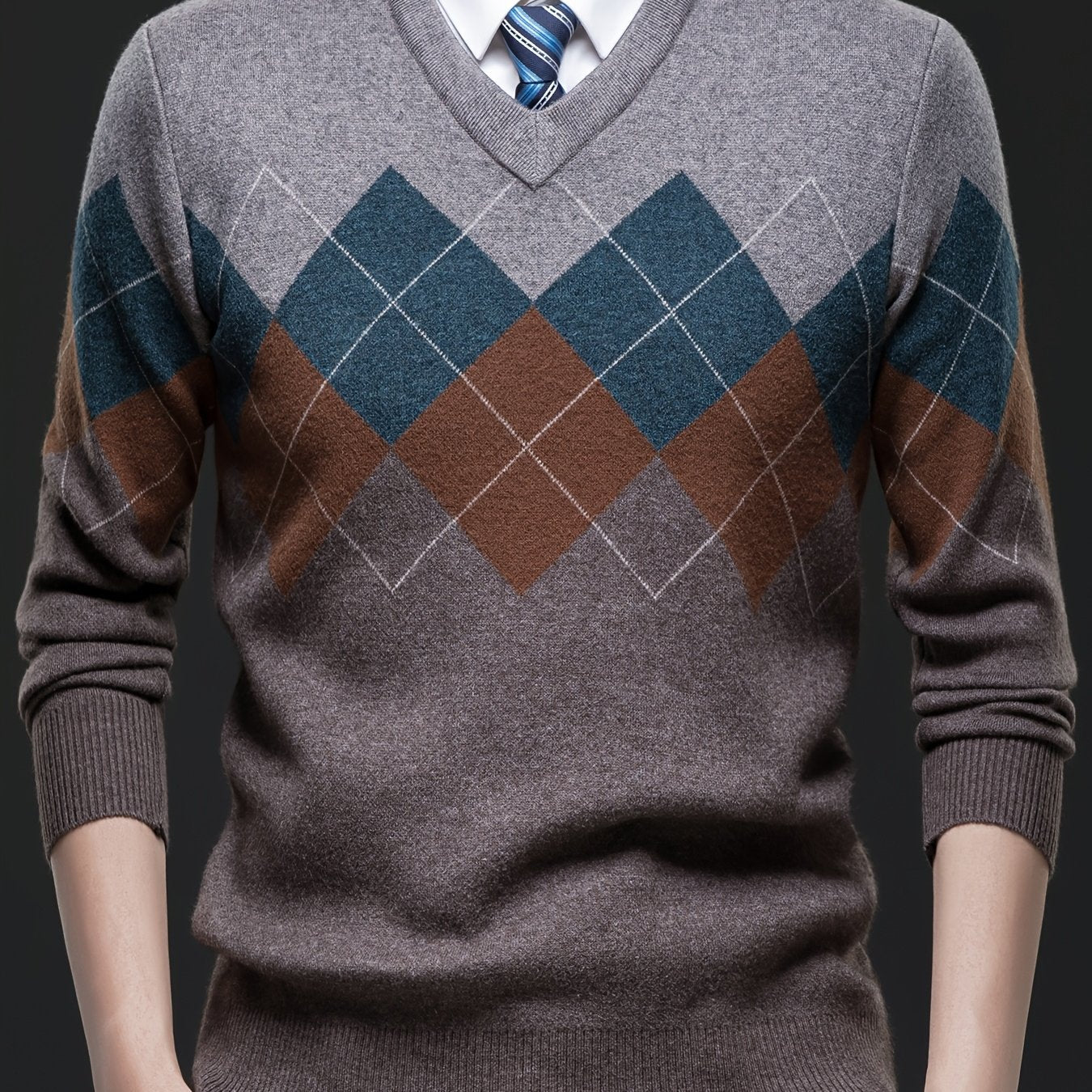 Men'S Classic V-Neck Sweater - Thick Warm Winter Knit Sweater with Geometric Pattern, Long Sleeve Regular Fit for Casual Business & Sports, Fall Winter Warmth, Sweater Vest, Business Casual Wear, Vneck Design, Durable Knitwea