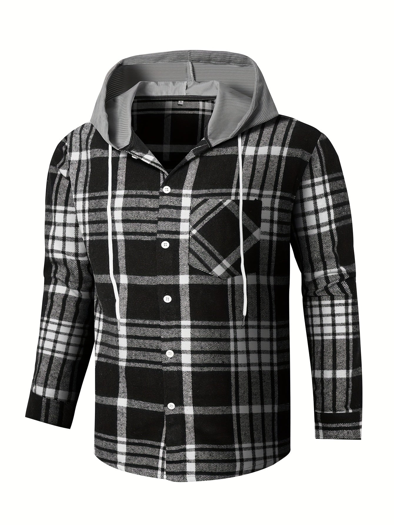 Men's Plaid Shirt Jacket with Hood - Black/White/Gray Tartan Pattern, Collar & Chest Pocket - Winter Warm Coat, Button-Front Blazer for Casual & Smart-Casual Wear (Non-Stretch Woven Fabric)
