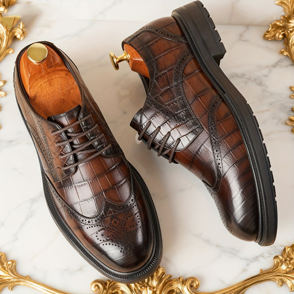 Men's Genuine Leather Checkered Brogue Oxford Dress Shoes - British Style Lace-Up Wingtip Boots (Short) with Pigskin & Rubber Sole, All-Season Wedding, Business & Formal Footwear for Office, Casual - Top-Grain Cowhide