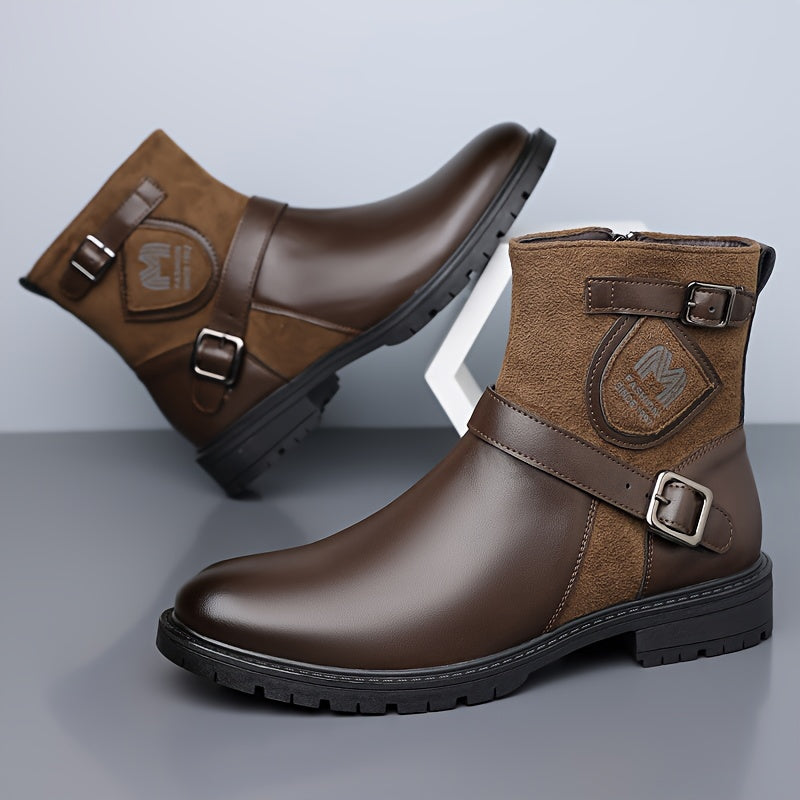 Men's Winter Full-Zip Chelsea Boots - British s with Buckle Strap & Buckles, Upper & Sole, Round Toe Short Ankle Booties for Outdoor, Casual, - Glossy Black (No-Collar Design)