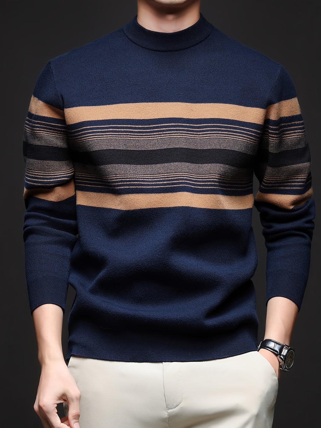 Men's Navy Blue & Brown Striped Sweater - Heavyweight Winter Pullover with Beige/ Tones, Round Neck Long Sleeve Casual & Outdoor Wear, Fish Tail Hem, Multi-Season /Christmas/Father’s Day Sweater (Regular Fit)