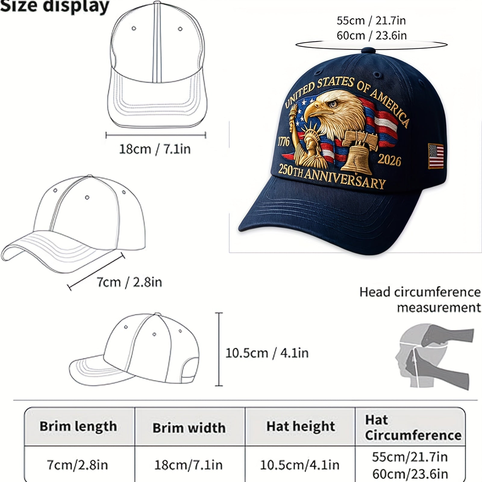 250Th Anniversary Men'S Patriotic Baseball Hat - Embroidered with Bald Eagle And 50 Star 13 Stripe Design, Embroidered 1776-2026, Suitable for Men And Women, Halloween, Friday, Perfect Gift for History Enthusiasts And Patriot