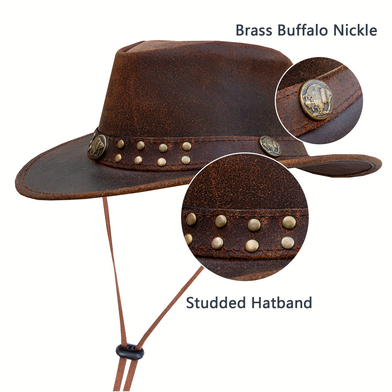 Genuine Top-Grain Leather Cowboy Hat for Men & Women - Vintage Western Australian Style with Shapeable Wide Brim, Sun Protection & High Quality, Adjustable Chin Strap & Breathable High Crown - Brown Unisex Adult Hat for Rodeo