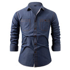 Men's Heavy-Duty Pure Cotton Denim Shirt Jacket - No-Iron Solid Blue Long Sleeve Button-Up Casual Coat, Western Style Collar & Single-Breasted Button Front for Spring/Fall Layering (Regular Fit) - Versatile Outdoor & Formal W