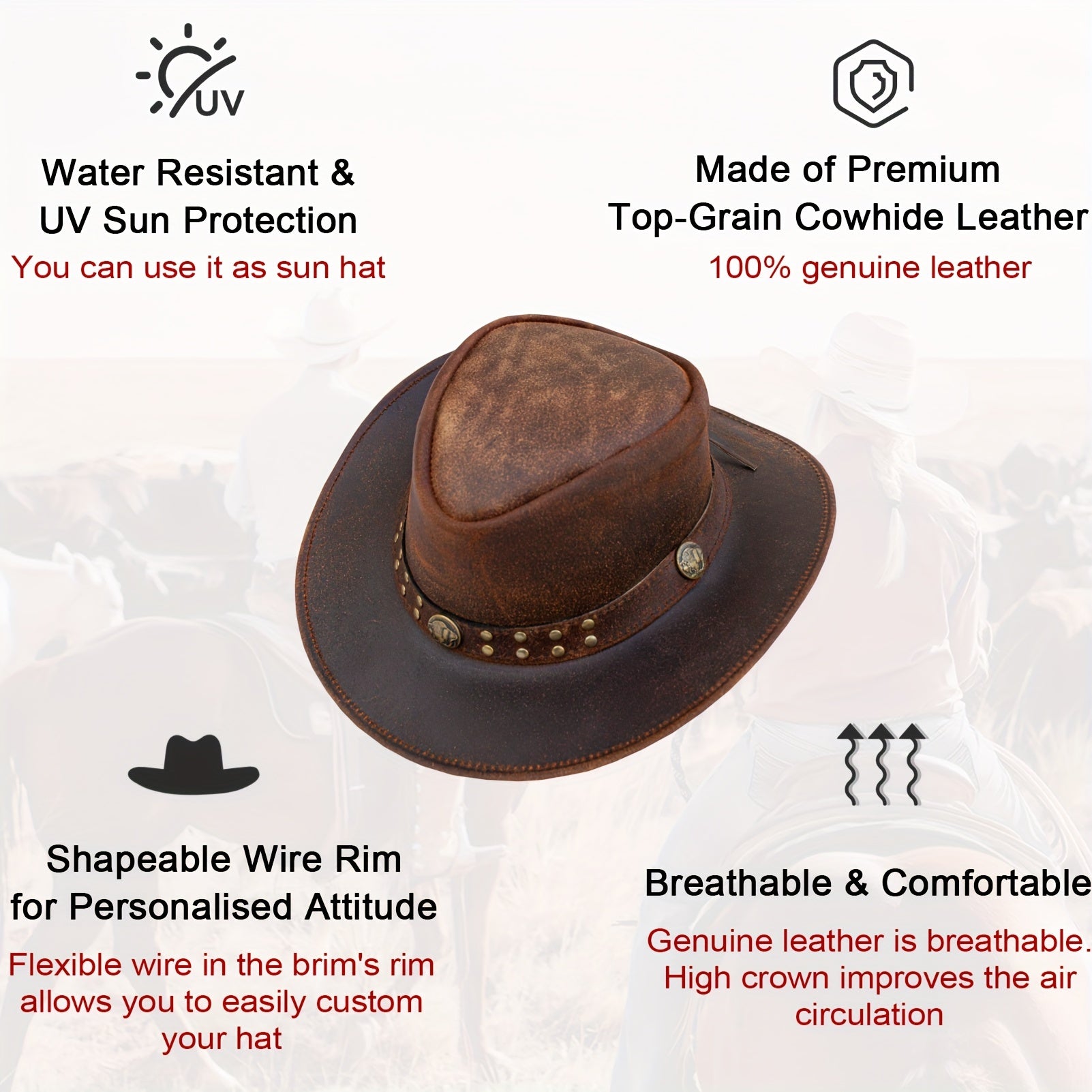 Genuine Top-Grain Leather Cowboy Hat for Men & Women - Vintage Western Australian Style with Shapeable Wide Brim, Sun Protection & High Quality, Adjustable Chin Strap & Breathable High Crown - Brown Unisex Adult Hat for Rodeo