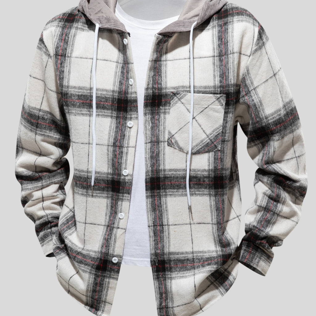 Men's Plaid Hooded Jacket with Shirt Collar & Button Front - Beige/Brown/Black/White Tartan Pattern, Chest Pocket, Non-Stretch Fabric - Casual Winter Coat for Fall & Winter Layering (Plaid Shirt Jacket)