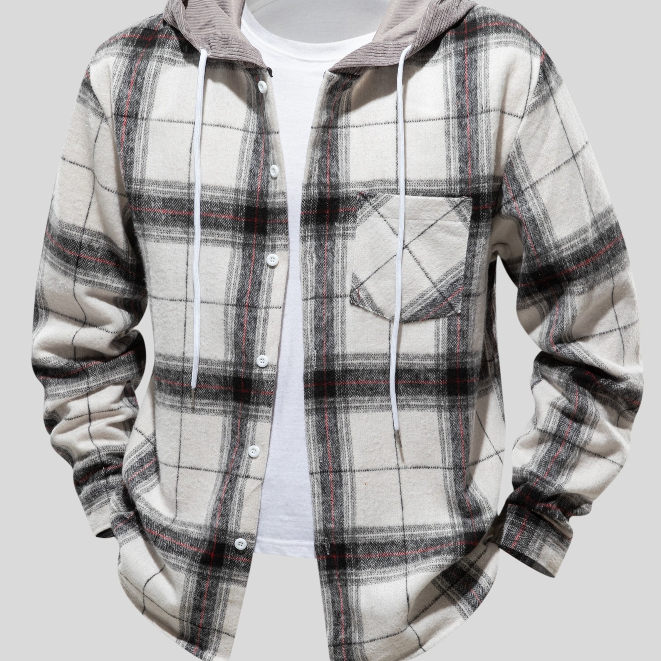 Men's Plaid Hooded Jacket with Shirt Collar & Button Front - Beige/Brown/Black/White Tartan Pattern, Chest Pocket, Non-Stretch Fabric - Casual Winter Coat for Fall & Winter Layering (Plaid Shirt Jacket)