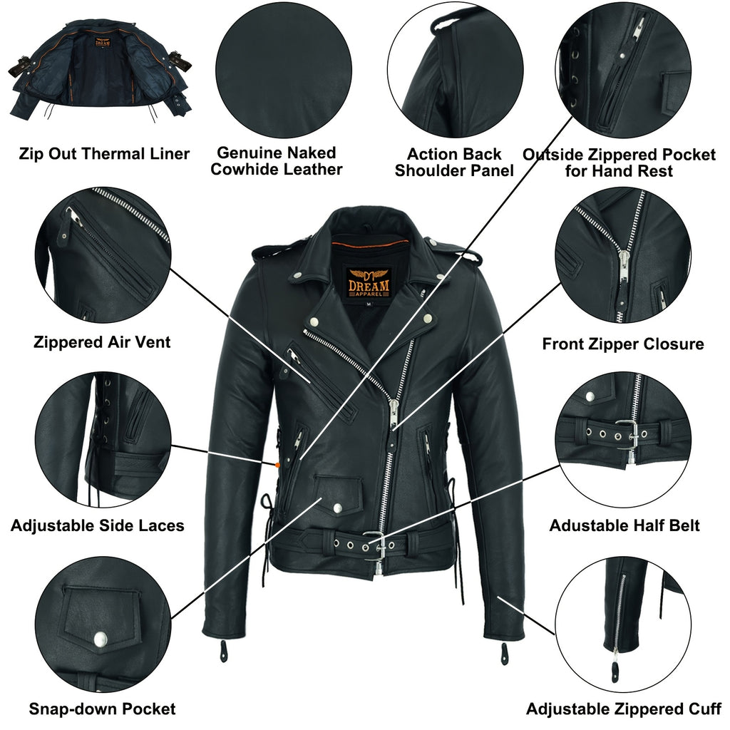Women's Classic Motorcycle Jacket with Zip Out Lining, Biker Jacket for Ladies with Side Laces, Black, Riding Apparel, Stylish Outerwear, Reinforced Seams, Lined Jacket, Adventure Seekers