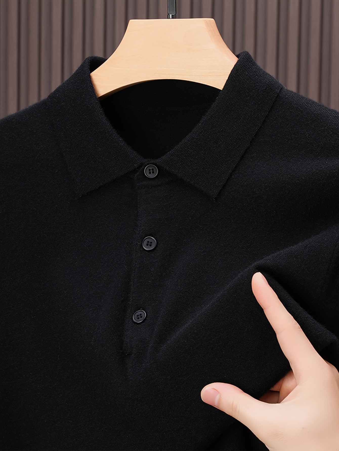 SENMEIGUO Men'S Slim-Fit Classic Collar Knit Sweater Shirt - Solid Black Long Sleeve Winter Pullover with Chest Patches, Hand Wash/Dry Clean, Autumn & Winter Wardrobe Essential, Knit Button Up Sweater, Sophisticated Layering,