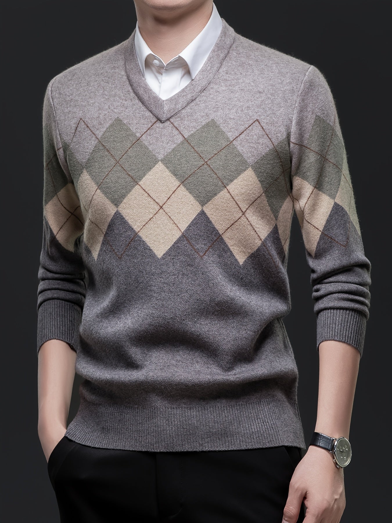 Men'S Classic V-Neck Sweater - Thick Warm Winter Knit Sweater with Geometric Pattern, Long Sleeve Regular Fit for Casual Business & Sports, Fall Winter Warmth, Sweater Vest, Business Casual Wear, Vneck Design, Durable Knitwea