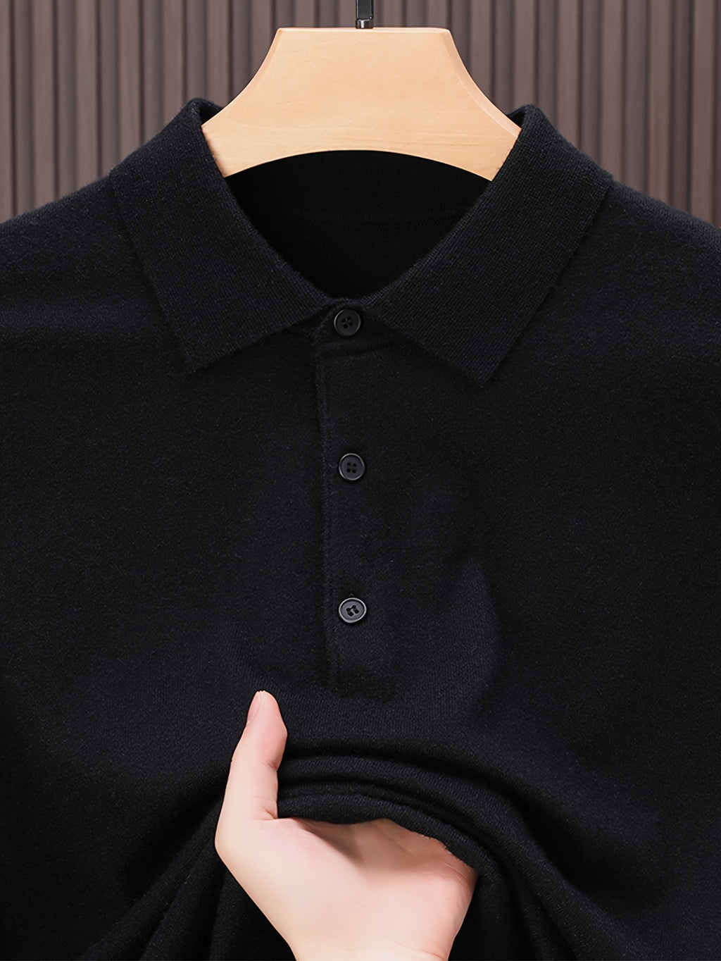 SENMEIGUO Men'S Slim-Fit Classic Collar Knit Sweater Shirt - Solid Black Long Sleeve Winter Pullover with Chest Patches, Hand Wash/Dry Clean, Autumn & Winter Wardrobe Essential, Knit Button Up Sweater, Sophisticated Layering,