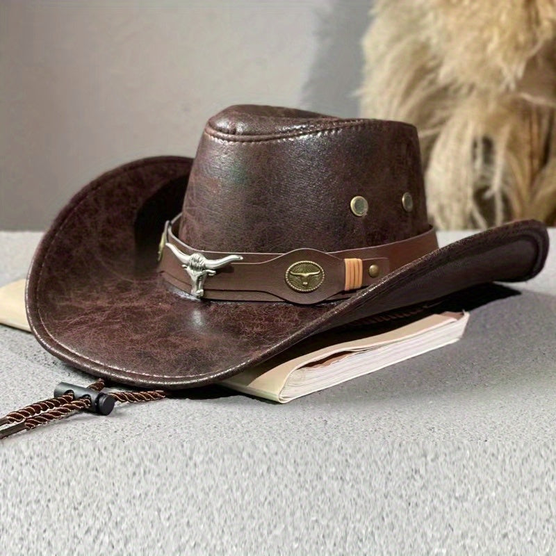Vintage Style Cowboy Hat with Rivet Details - Brown Leather Cowboy Hat for Outdoor Sun Protection, Western Style, Polyester Material, Featherless, Sun Protection Hat|Vintage Cowboy Hat|Rivet Embellishments