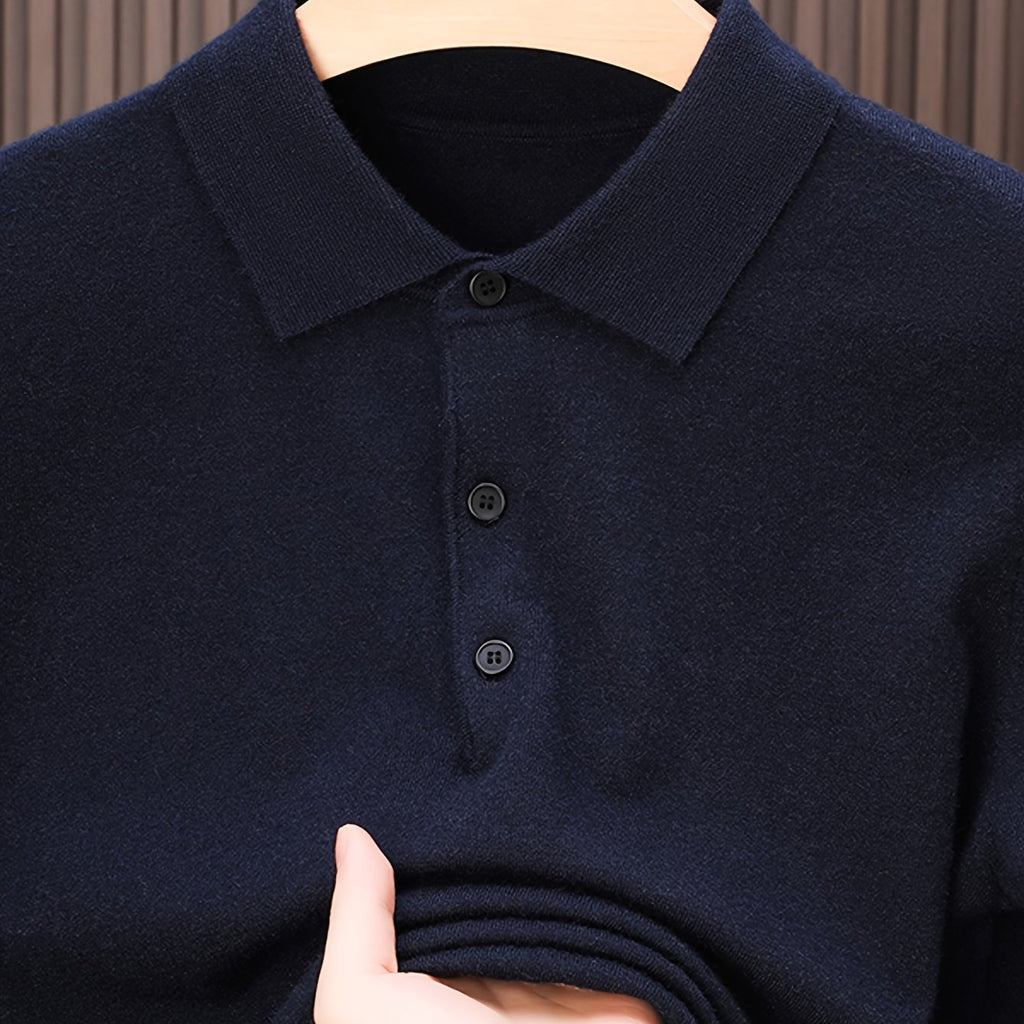 SENMEIGUO Men'S Slim-Fit Classic Collar Knit Sweater Shirt - Solid Black Long Sleeve Winter Pullover with Chest Patches, Hand Wash/Dry Clean, Autumn & Winter Wardrobe Essential, Knit Button Up Sweater, Sophisticated Layering,