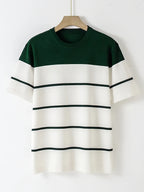 Men's Navy & White Horizontal Stripe Knit Sweater - Breathable Pullover Shirt, Regular Fit Casual Summer Top for Everyday & Formal Outfits, Medium Elasticity