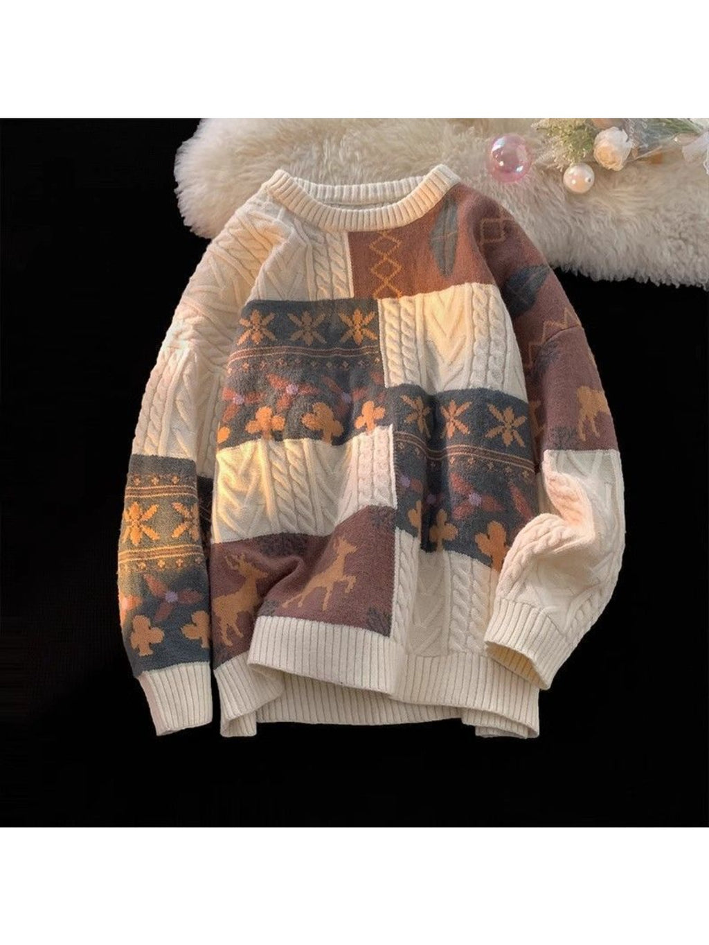 Men's Thick Winter Sweater - Oversized Loose Fit Cable- Jacket with Plaid/Tartan/Leaf Collar, Machine Washable Brown/Beige/White/Black Layered Knitwear for & Young s, Casual Outerwear (No Transparency)