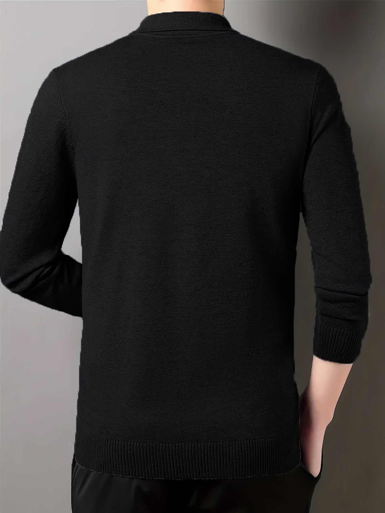 SENMEIGUO Men'S Slim-Fit Classic Collar Knit Sweater Shirt - Solid Black Long Sleeve Winter Pullover with Chest Patches, Hand Wash/Dry Clean, Autumn & Winter Wardrobe Essential, Knit Button Up Sweater, Sophisticated Layering,