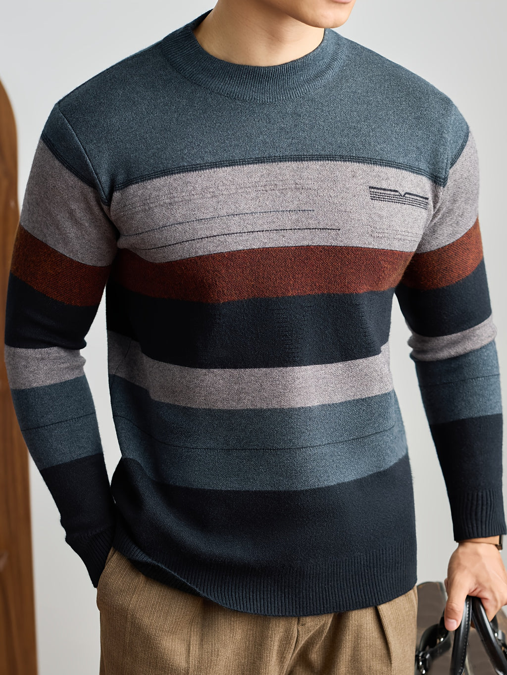 Men'S Thick Knit Sweater - Horizontal Striped Pullover Sweater in Dark Blue/Gray/Red/Black/, Long Sleeve Round Neck Sweater for Fall Winter, Gym, Office, Formal Events - Non-Bulky Warm Sweater for Everyday & Special Occasions