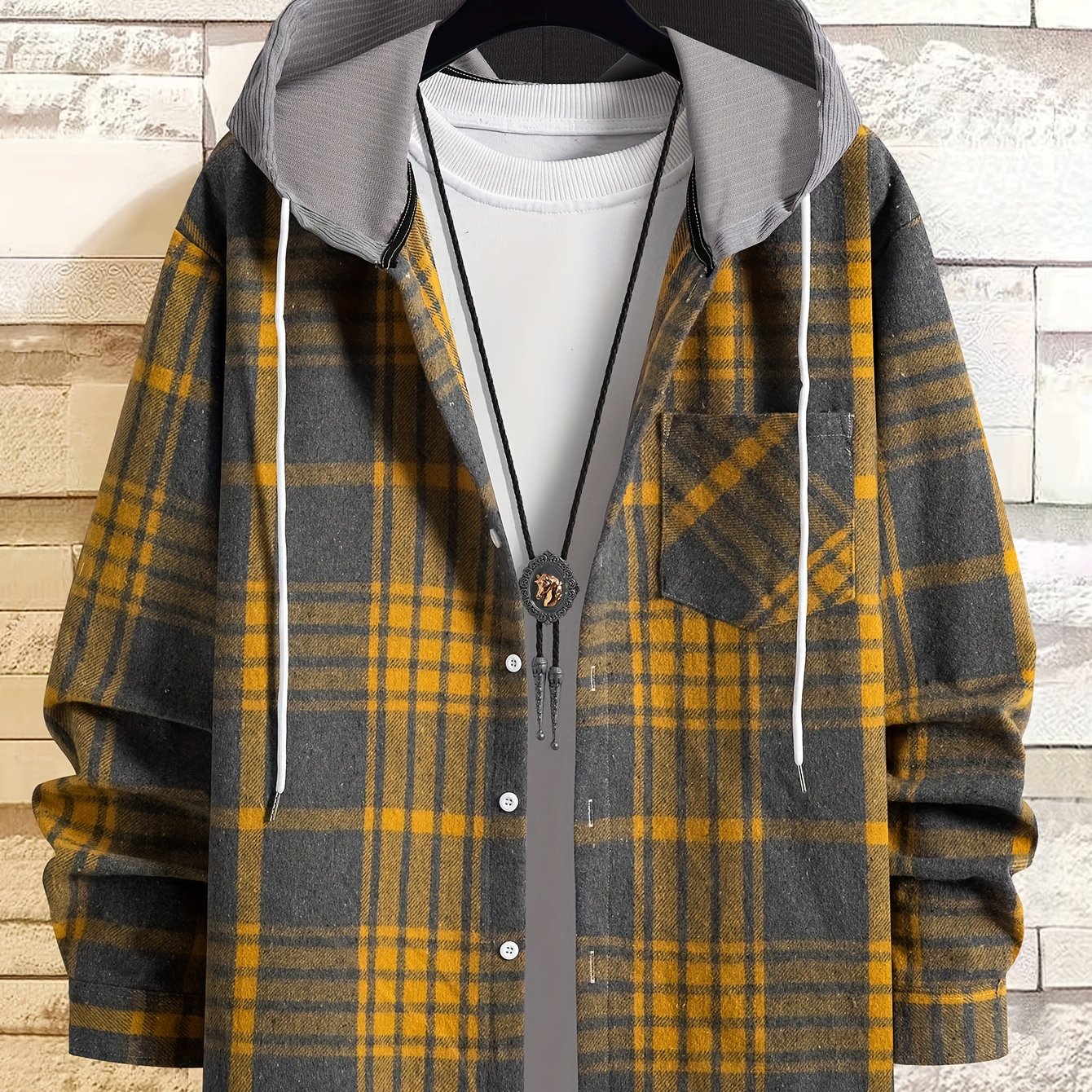 Men's Plaid Shirt Jacket with Hood - Black/White/Gray Tartan Pattern, Collar & Chest Pocket - Winter Warm Coat, Button-Front Blazer for Casual & Smart-Casual Wear (Non-Stretch Woven Fabric)