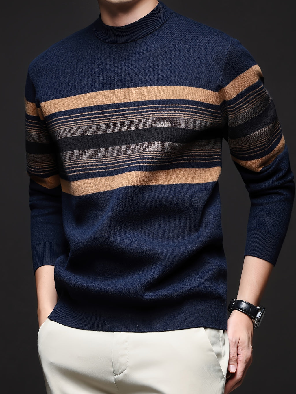 Men's Navy Blue & Brown Striped Sweater - Heavyweight Winter Pullover with Beige/ Tones, Round Neck Long Sleeve Casual & Outdoor Wear, Fish Tail Hem, Multi-Season /Christmas/Father’s Day Sweater (Regular Fit)