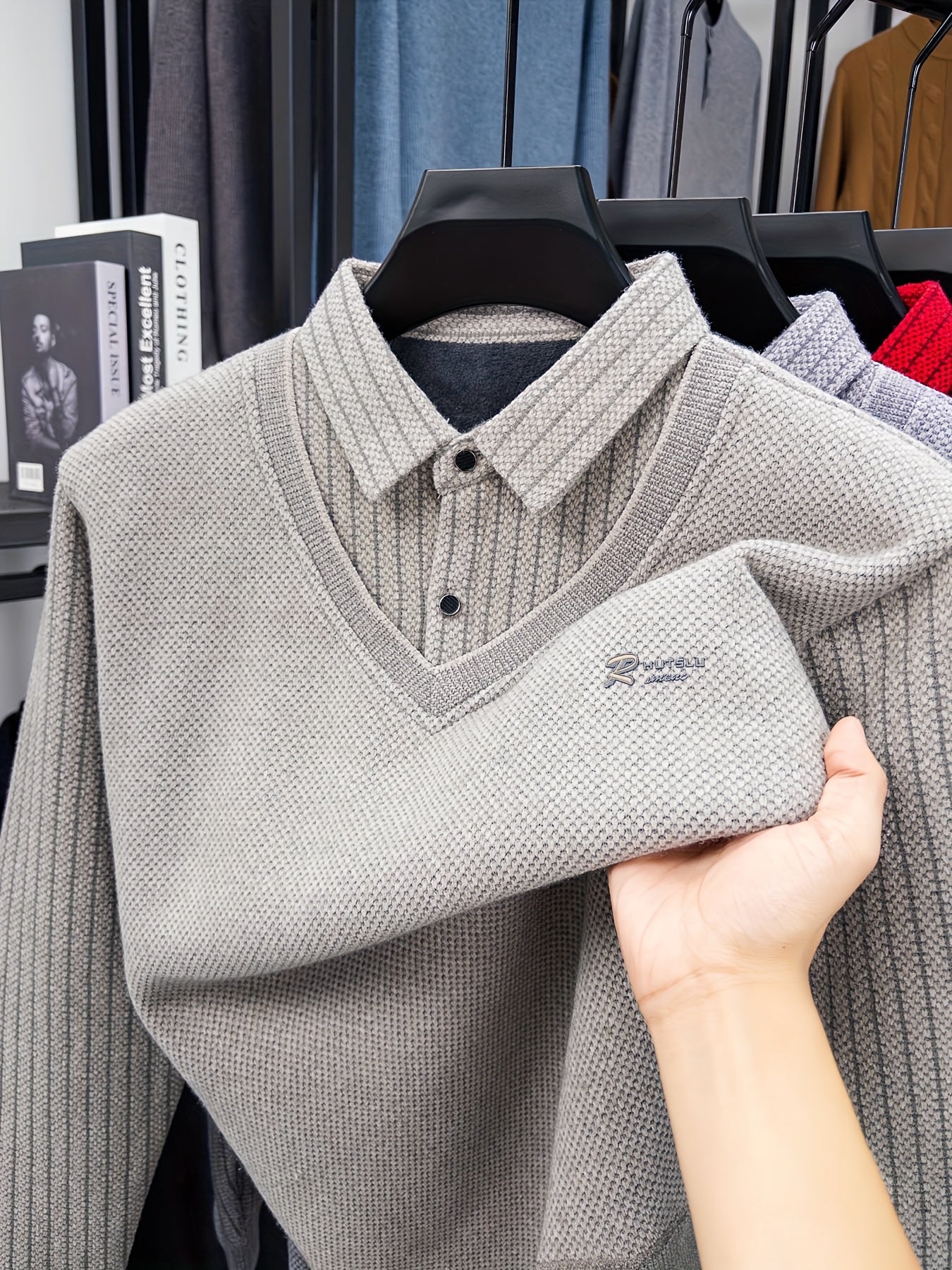 Men's -Lined Winter Knit Sweater Jacket/Pullover - Heavy-Duty Button-Up Collar, Collar & Long Sleeve Coat-like Sweater Vest, Hand Washable Solid Gray Cold Weather Clothing for Fall/Winter (No Dry Clean)