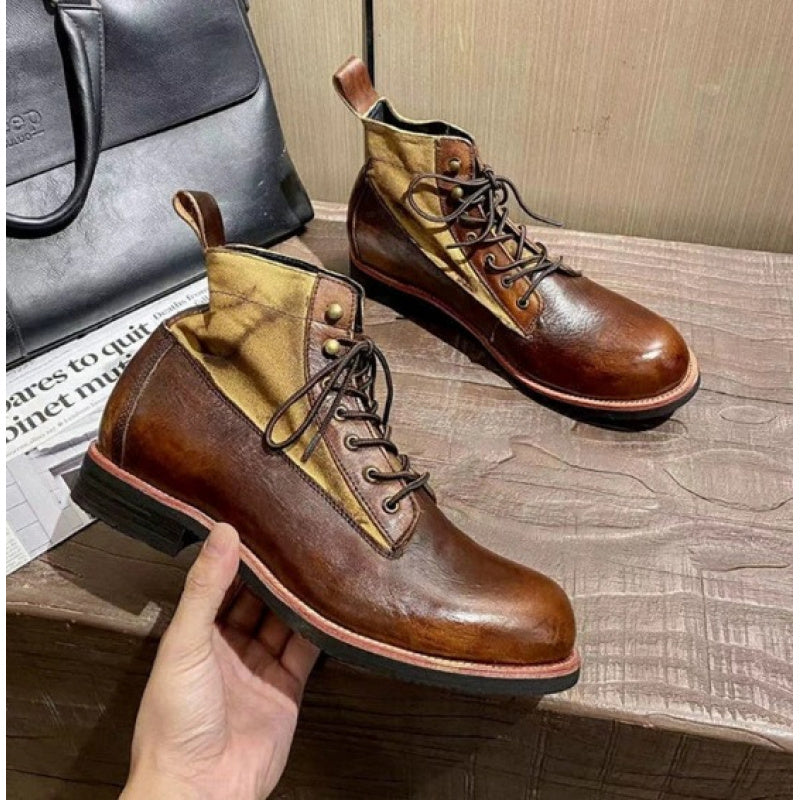 Men's Vintage Distressed Biker Boots - Short Height with  Sole & Spliced  Upper (Microfiber) - Retro Motorcycle Boots for Outdoor,, Casual Wear - Durable & Comfortable Vintage Footwear