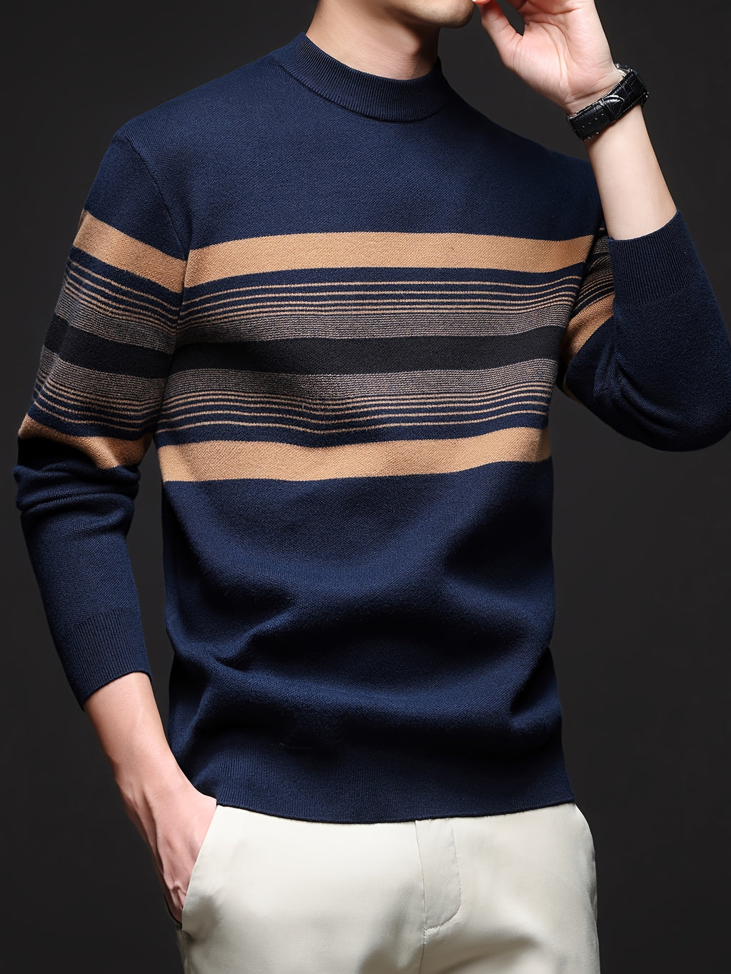 Men's Navy Blue & Brown Striped Sweater - Heavyweight Winter Pullover with Beige/ Tones, Round Neck Long Sleeve Casual & Outdoor Wear, Fish Tail Hem, Multi-Season /Christmas/Father’s Day Sweater (Regular Fit)