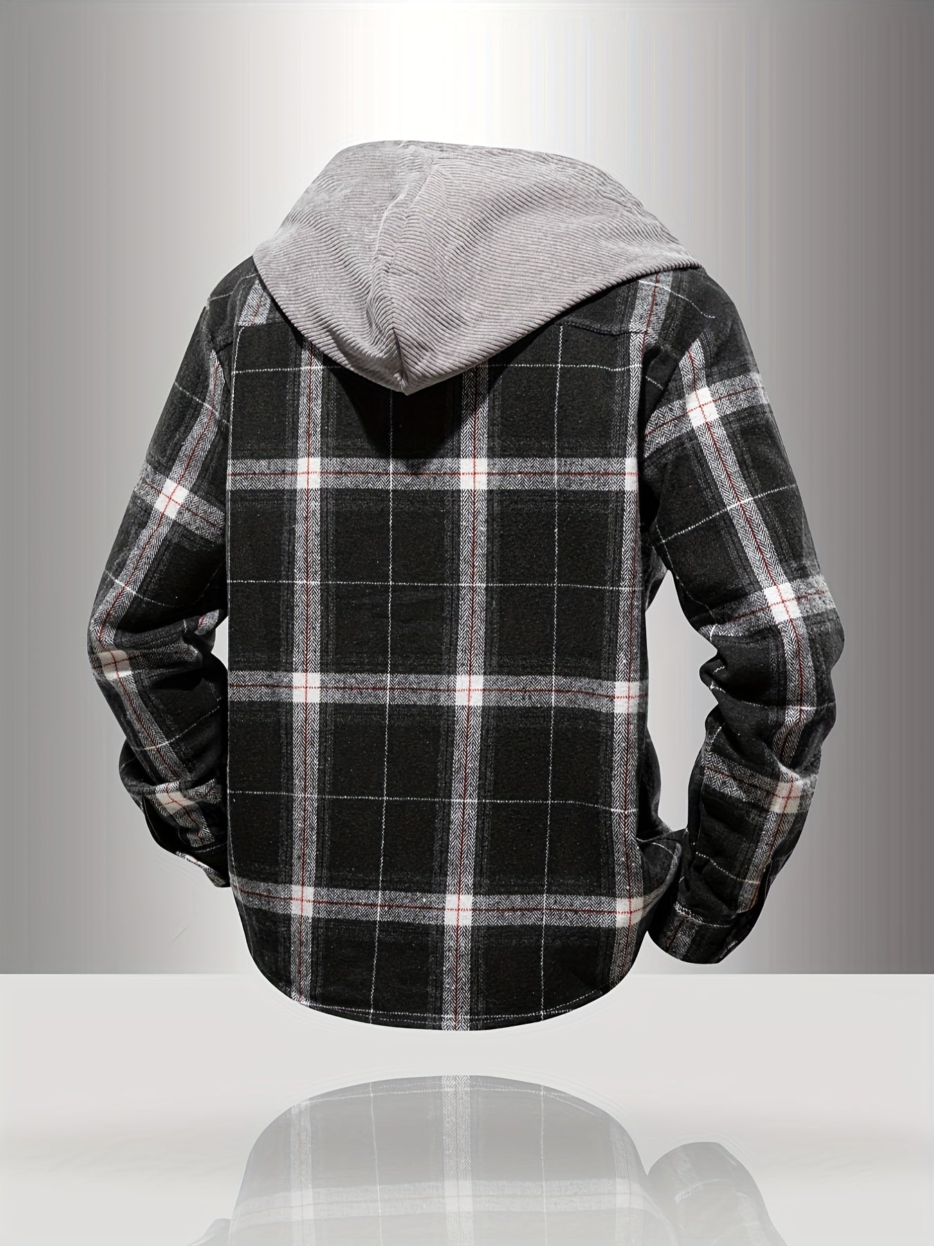Men's Plaid Hooded Jacket with Shirt Collar & Button Front - Beige/Brown/Black/White Tartan Pattern, Chest Pocket, Non-Stretch Fabric - Casual Winter Coat for Fall & Winter Layering (Plaid Shirt Jacket)