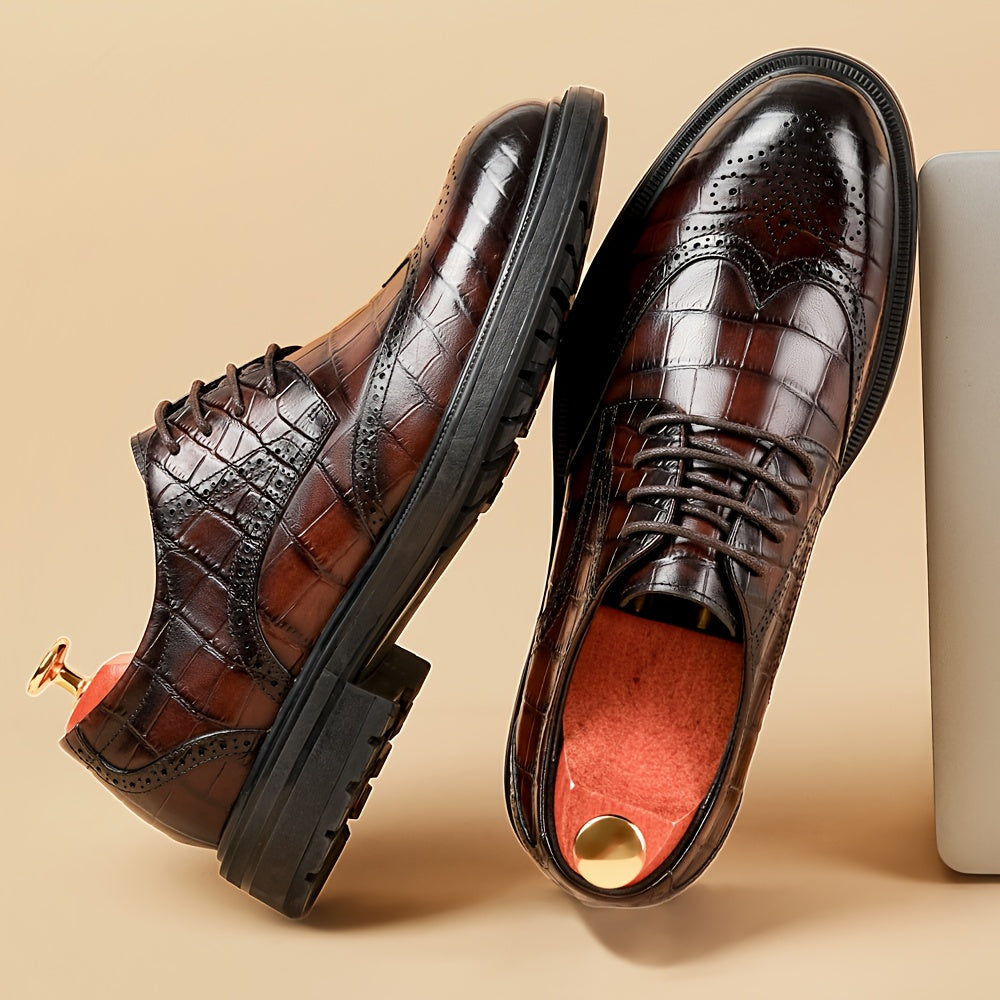 Men's Genuine Leather Checkered Brogue Oxford Dress Shoes - British Style Lace-Up Wingtip Boots (Short) with Pigskin & Rubber Sole, All-Season Wedding, Business & Formal Footwear for Office, Casual - Top-Grain Cowhide