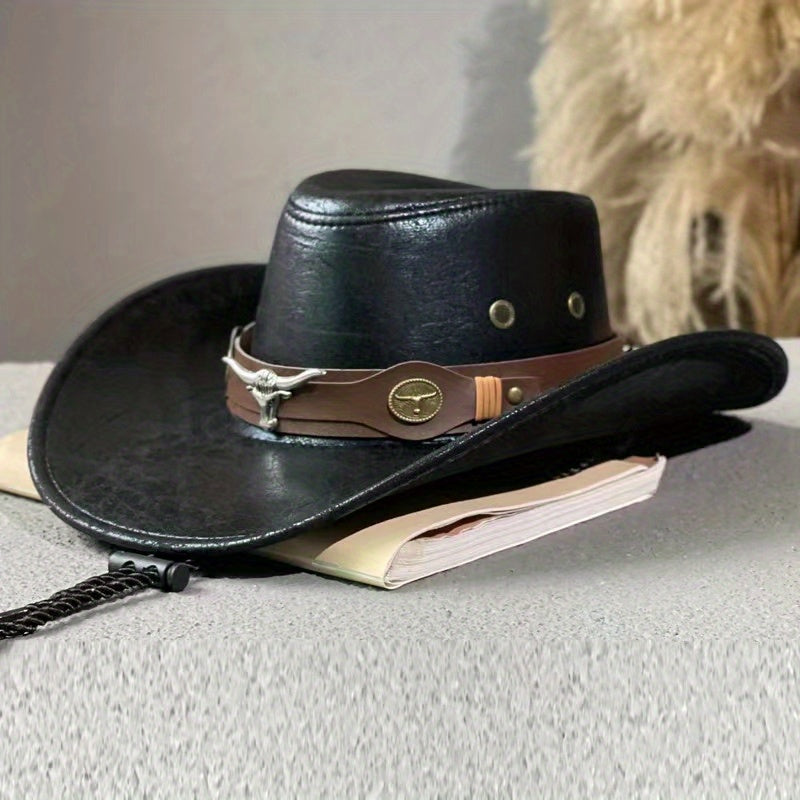 Vintage Style Cowboy Hat with Rivet Details - Brown Leather Cowboy Hat for Outdoor Sun Protection, Western Style, Polyester Material, Featherless, Sun Protection Hat|Vintage Cowboy Hat|Rivet Embellishments