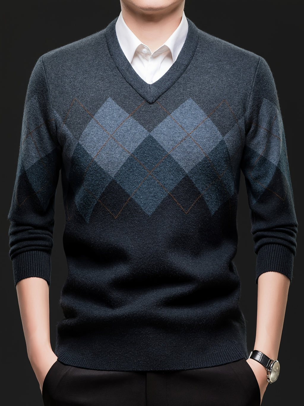 Men'S Classic V-Neck Sweater - Thick Warm Winter Knit Sweater with Geometric Pattern, Long Sleeve Regular Fit for Casual Business & Sports, Fall Winter Warmth, Sweater Vest, Business Casual Wear, Vneck Design, Durable Knitwea
