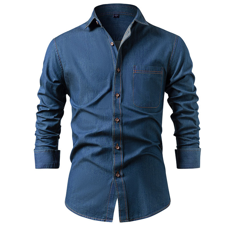 Men's Heavy-Duty Pure Cotton Denim Shirt Jacket - No-Iron Solid Blue Long Sleeve Button-Up Casual Coat, Western Style Collar & Single-Breasted Button Front for Spring/Fall Layering (Regular Fit) - Versatile Outdoor & Formal W