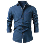 Men's Heavy-Duty Pure Cotton Denim Shirt Jacket - No-Iron Solid Blue Long Sleeve Button-Up Casual Coat, Western Style Collar & Single-Breasted Button Front for Spring/Fall Layering (Regular Fit) - Versatile Outdoor & Formal W
