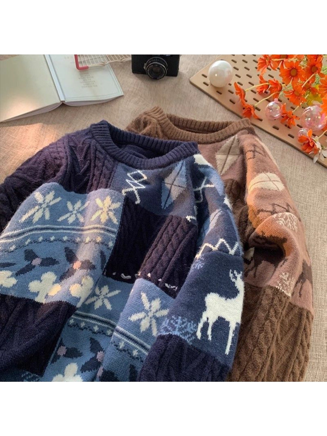 Men's Thick Winter Sweater - Oversized Loose Fit Cable- Jacket with Plaid/Tartan/Leaf Collar, Machine Washable Brown/Beige/White/Black Layered Knitwear for & Young s, Casual Outerwear (No Transparency)