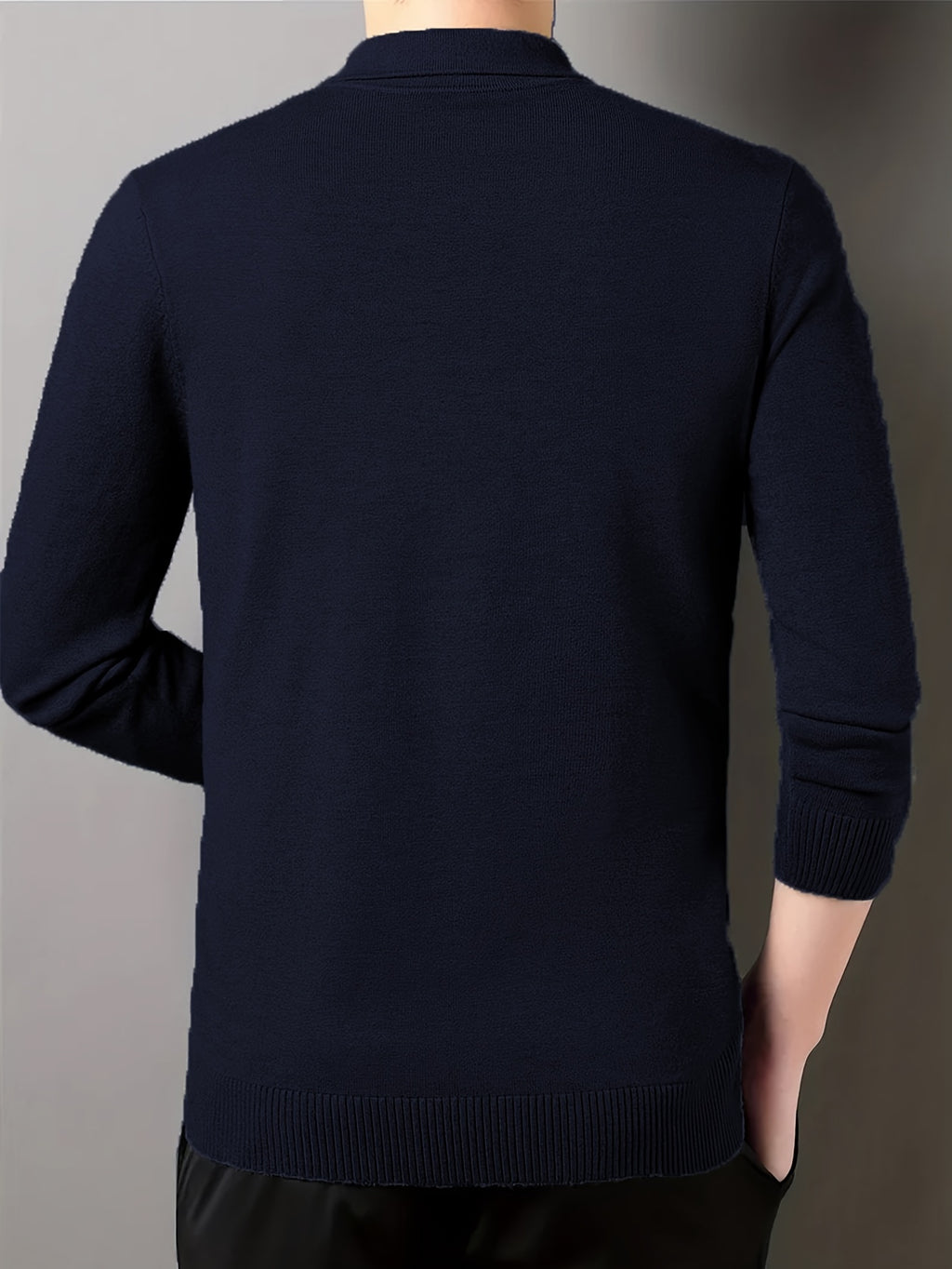 SENMEIGUO Men'S Slim-Fit Classic Collar Knit Sweater Shirt - Solid Black Long Sleeve Winter Pullover with Chest Patches, Hand Wash/Dry Clean, Autumn & Winter Wardrobe Essential, Knit Button Up Sweater, Sophisticated Layering,