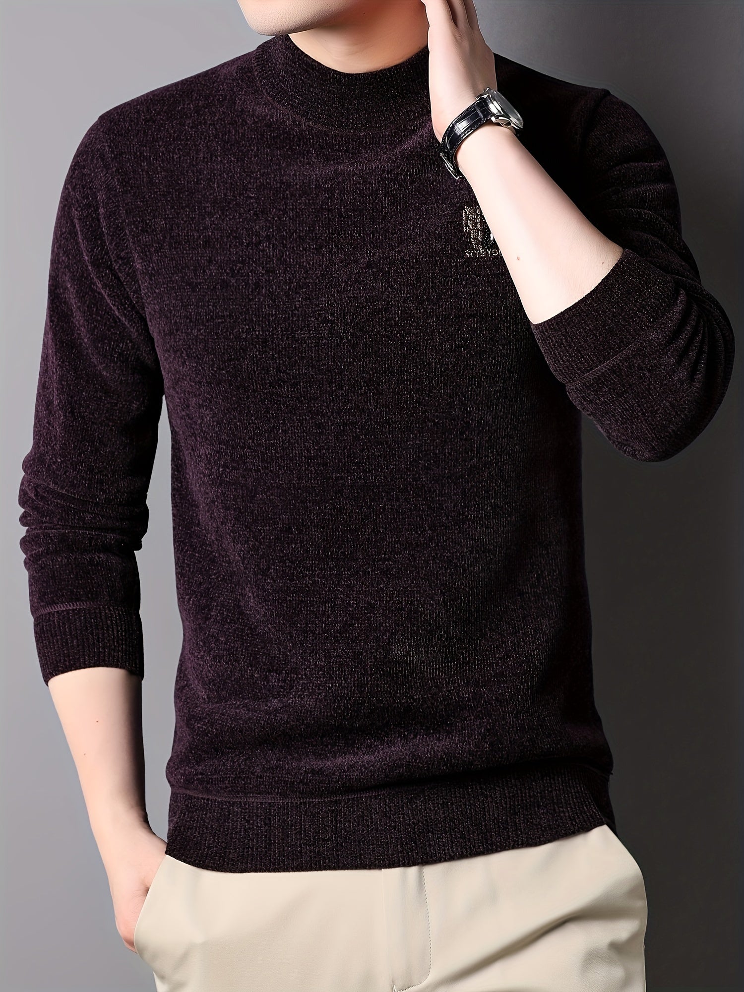 Men'S Autumn and Winter Casual Mid-Length Round Neck Knit Sweater - Semiguo