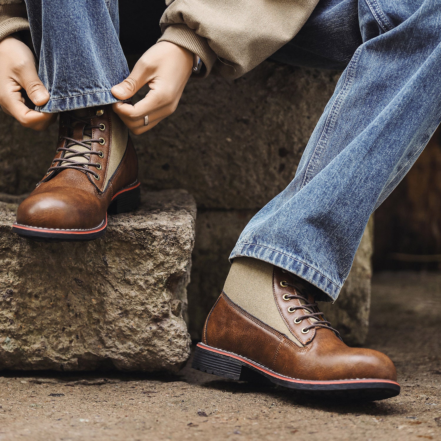 Men's Vintage Distressed Biker Boots - Short Height with  Sole & Spliced  Upper (Microfiber) - Retro Motorcycle Boots for Outdoor,, Casual Wear - Durable & Comfortable Vintage Footwear