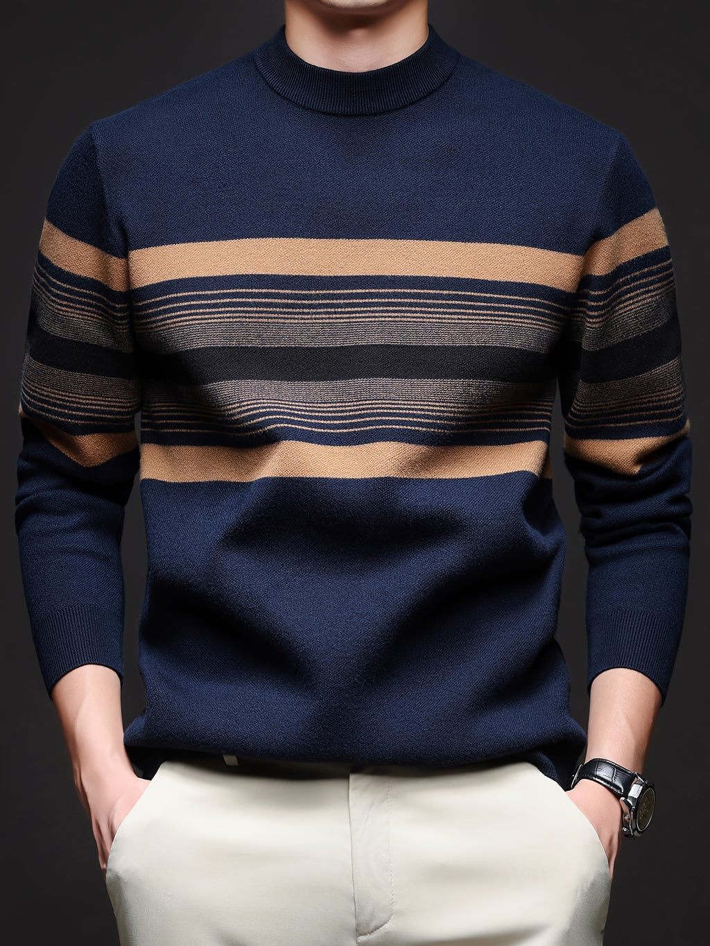 Men's Navy Blue & Brown Striped Sweater - Heavyweight Winter Pullover with Beige/ Tones, Round Neck Long Sleeve Casual & Outdoor Wear, Fish Tail Hem, Multi-Season /Christmas/Father’s Day Sweater (Regular Fit)