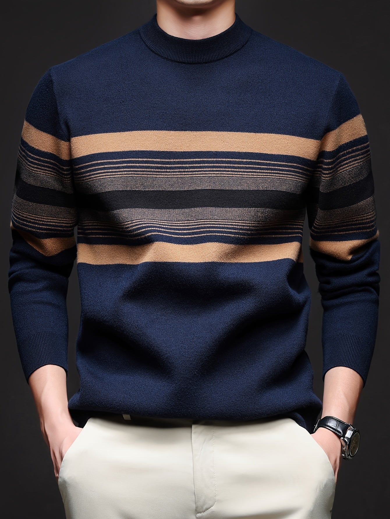 Men's Navy Blue & Brown Striped Sweater - Heavyweight Winter Pullover with Beige/ Tones, Round Neck Long Sleeve Casual & Outdoor Wear, Fish Tail Hem, Multi-Season /Christmas/Father’s Day Sweater (Regular Fit)