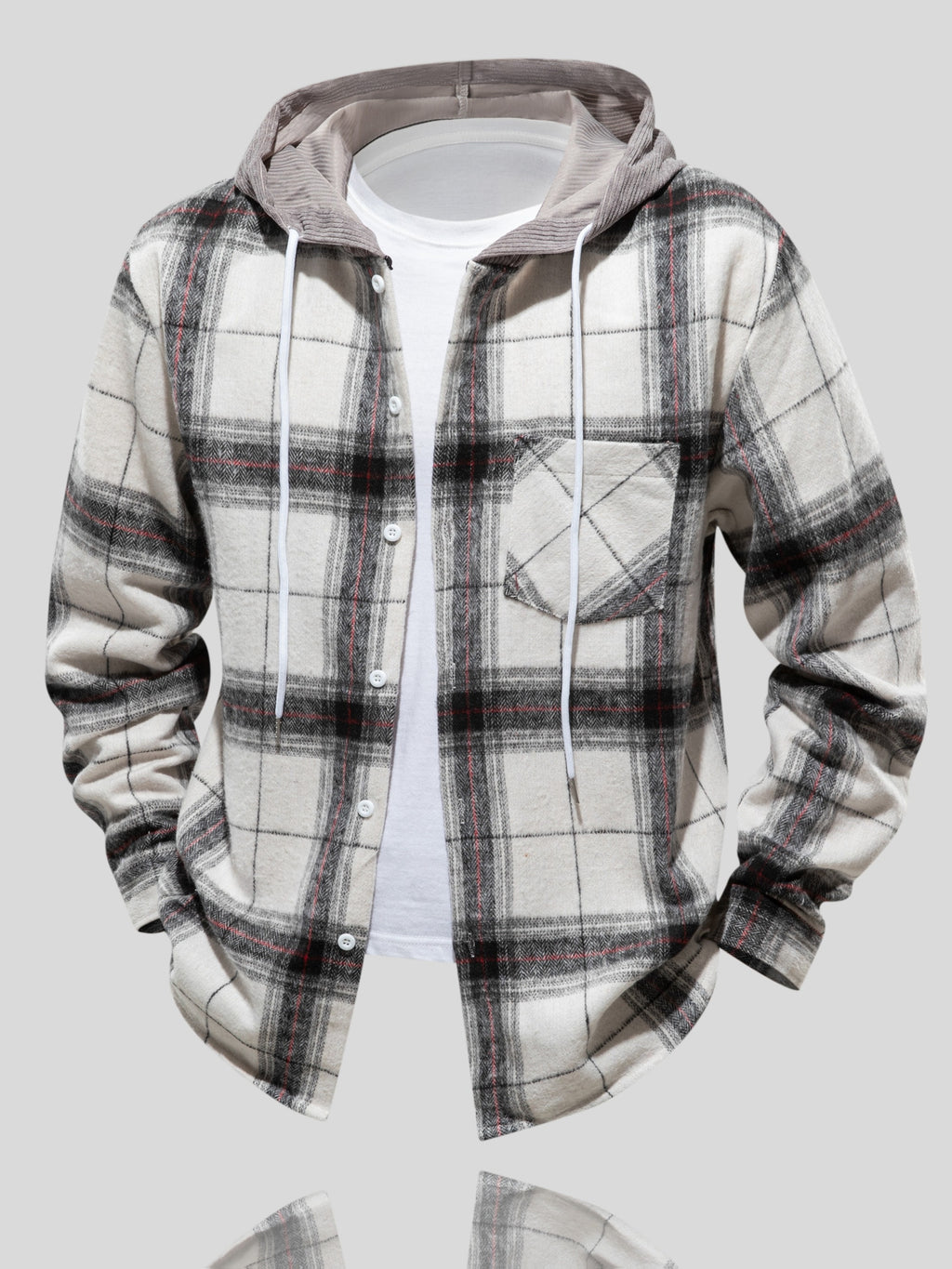 Men's Plaid Hooded Jacket with Shirt Collar & Button Front - Beige/Brown/Black/White Tartan Pattern, Chest Pocket, Non-Stretch Fabric - Casual Winter Coat for Fall & Winter Layering (Plaid Shirt Jacket)