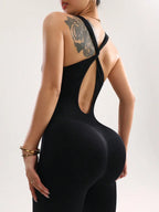 Women's Seamless Tight Full Length Yoga Jumpsuit Sexy Cross Backless High Elastic Solid Color One-piece Sports Bodysuit