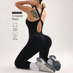 Women's Seamless Tight Full Length Yoga Jumpsuit Sexy Cross Backless High Elastic Solid Color One-piece Sports Bodysuit