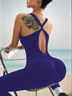 Women's Seamless Tight Full Length Yoga Jumpsuit Sexy Cross Backless High Elastic Solid Color One-piece Sports Bodysuit