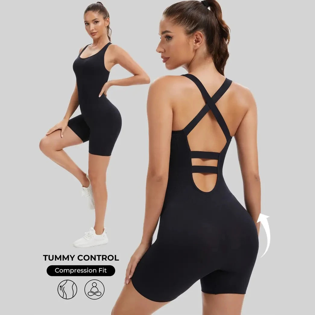 Women’s High Waist Quick-Dry Workout Bodysuit Cross-Back Yoga One-Piece Fitness