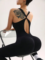 Women's Seamless Tight Full Length Yoga Jumpsuit Sexy Cross Backless High Elastic Solid Color One-piece Sports Bodysuit