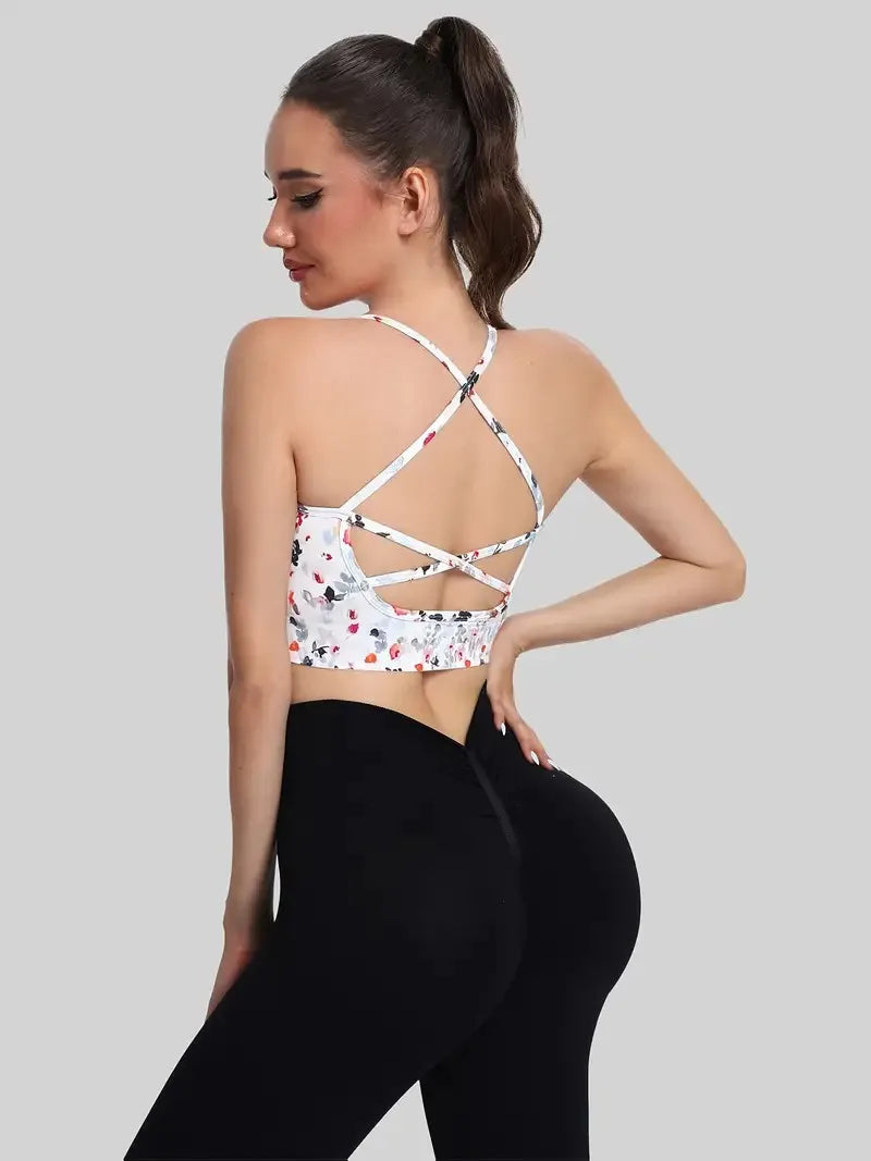 Women’s Cross-Back Floral Sports Bra Yoga Tank Top for Gym Running Fitness