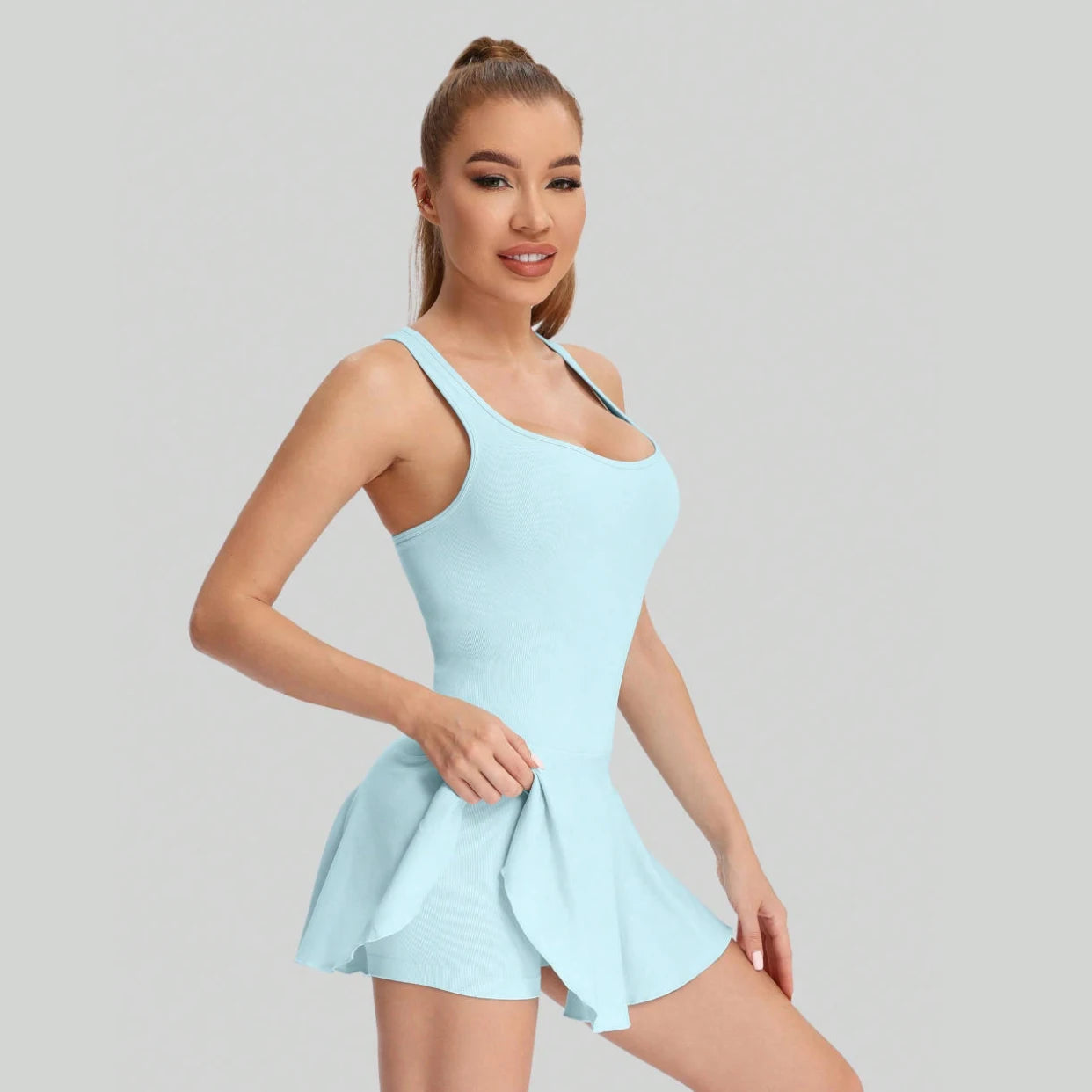 Women’s Seamless Tennis Dress Breathable One Piece with Built-In Shorts Anti-Exposure