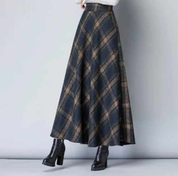 Women’s High Waist Plaid Long Skirt Thick Warm Elastic Autumn Winter Streetwear