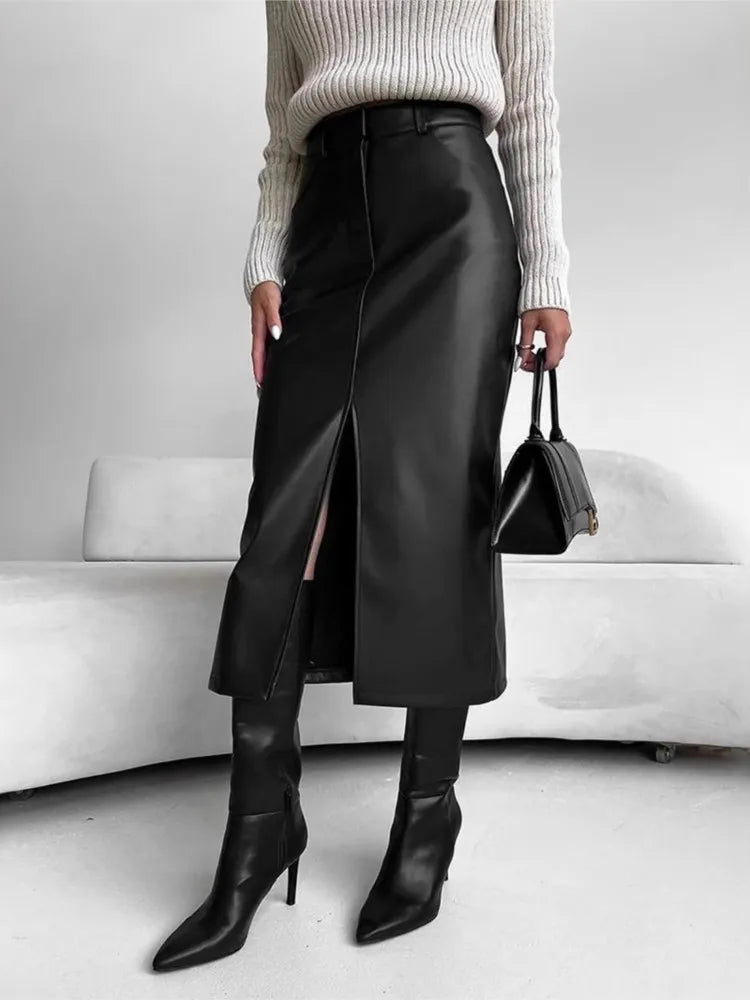 Women’s High Waist Leather Long Skirt Front Slit Slim Elegant Office Spring winter