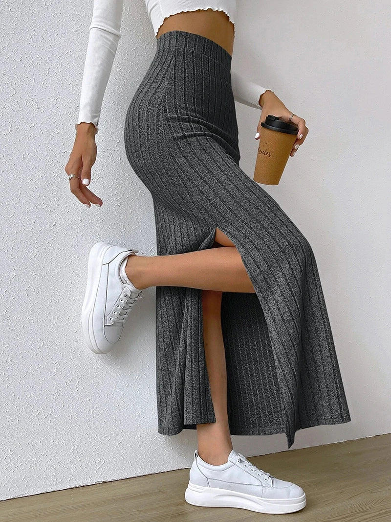 Women’s High Waist Stretch Sweater Midi Skirt Solid Color Side Slit Spring 2025
